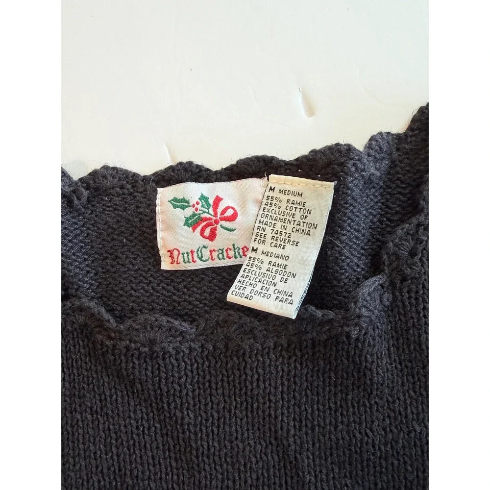 Nutcracker‎ Vintage Christmas Sweater Black Embroidered Tree Scalloped Hem M